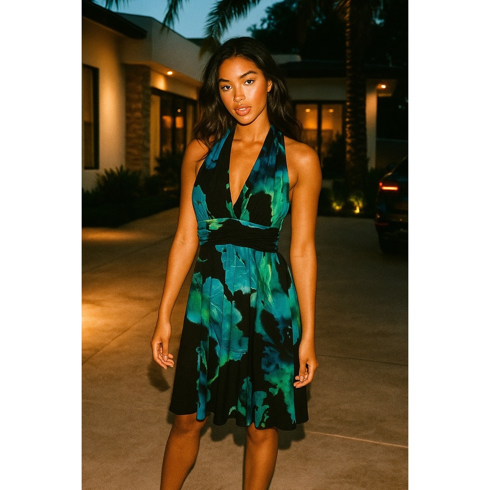 Evan Picone Womens Dress 4 Green Floral Halter Y2K Forest Garden Fairy Gremlin